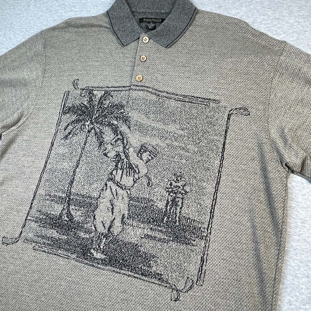 Palm Island Vintage Golf Polo Shirt Mens XL Gray Tropical Novelty Scene Knit